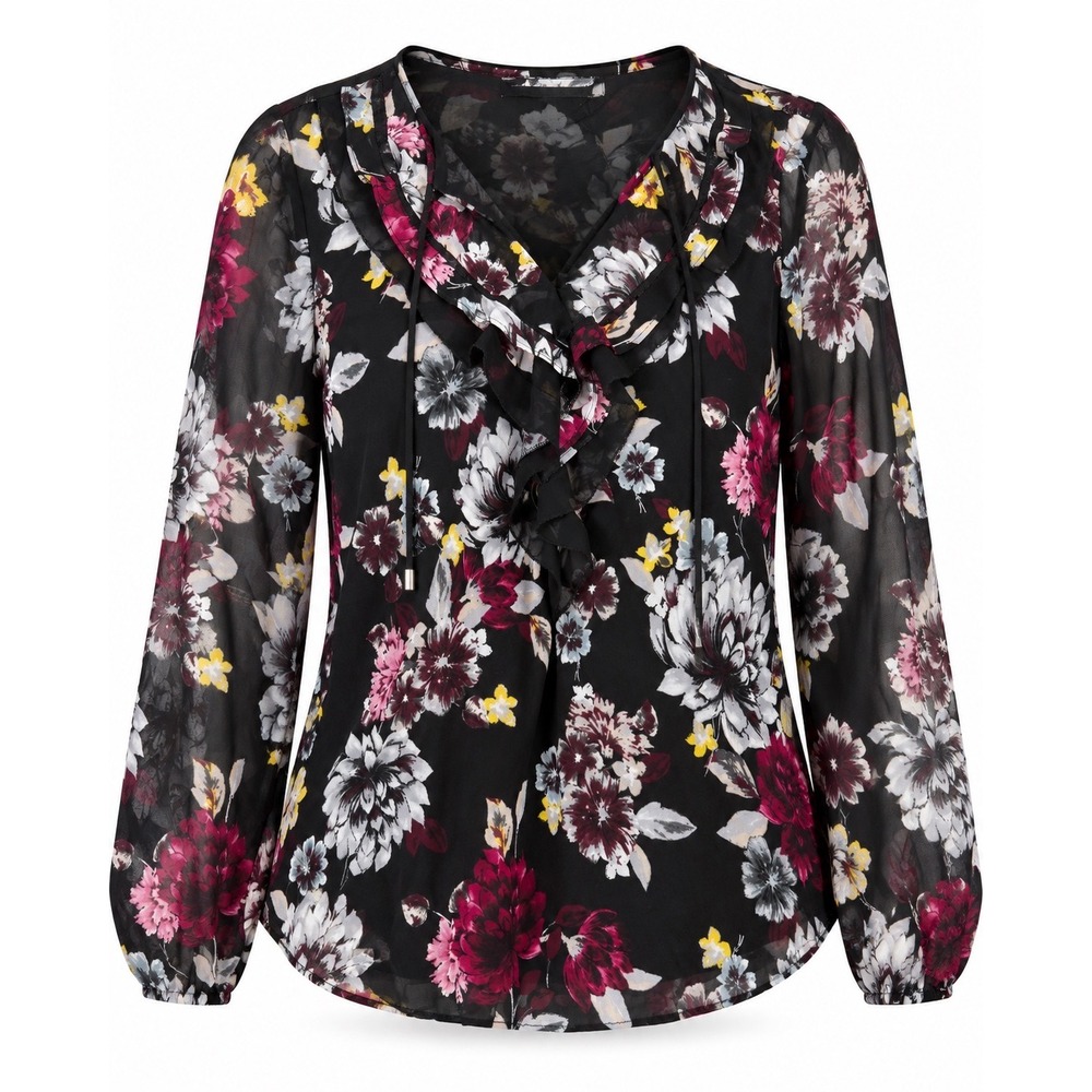 White House Black Market Floral Mesh Ruffle V-Neck Blouse Black Burgundy Small